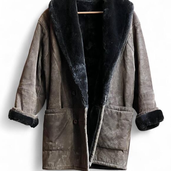 Vintage 80’s Steve & Searle Brown Sheepskin/Suede Leather Coat W/Black Shearling - Picture 3 of 8